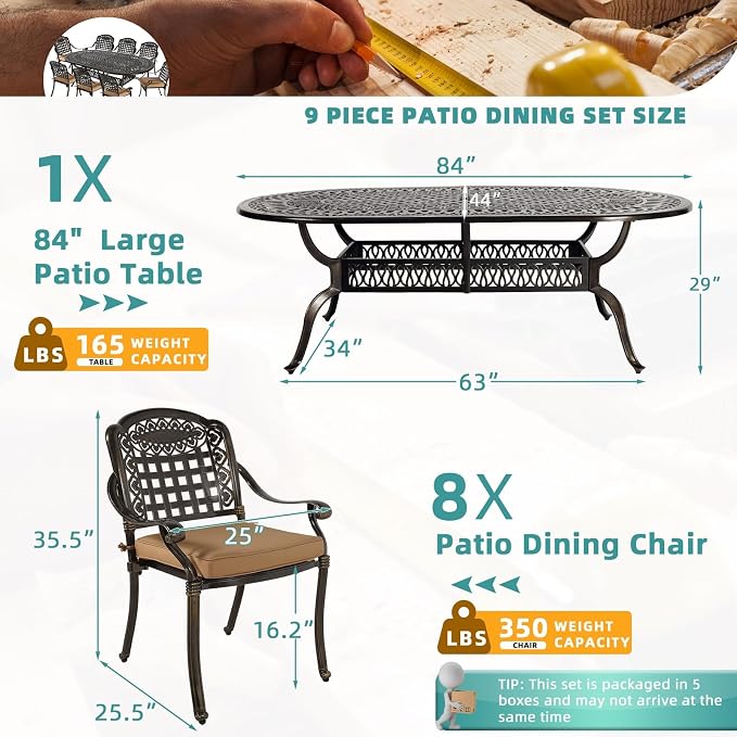 MEETWARM 9-Piece Patio Dining Set, All Weather Cast Aluminum Outdoor Dining Table Set with 1 Oval Table, 8 Chairs, 8 Cushions, 2" Umbrella Hole, Dark Bronze