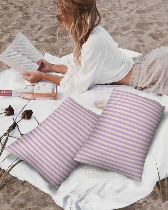 Outdoor Waterproof Throw Pillow Covers Set of 2 Purple Stripes Lumbar Pillowcases 20x12 Inches Linen Classic Vertical Striped Patio Decorative Pillows Cushion Case Patio Pillows for Couch Bed Garden