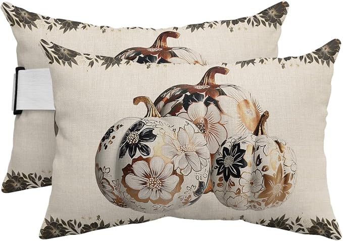 Outdoor Pillows Covers with Inserts Fall Thanksgiving Watercolor Printed Pumpkin Beige Waterproof Pillow with Adjustable Strap Throw Pillows for Patio Furniture Recliner Lounge Chair, 12x20 inch, 2PCS