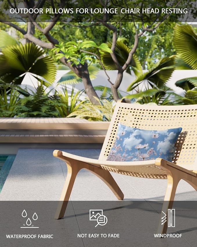 Outdoor Pillows Covers with Inserts Pink Flowers with Blue Sky and White Clouds Waterproof Recliner Pillow with Adjustable Strap Throw Pillows for Patio Furniture Pool Lounge Chair, 11x16 inch, 2PCS