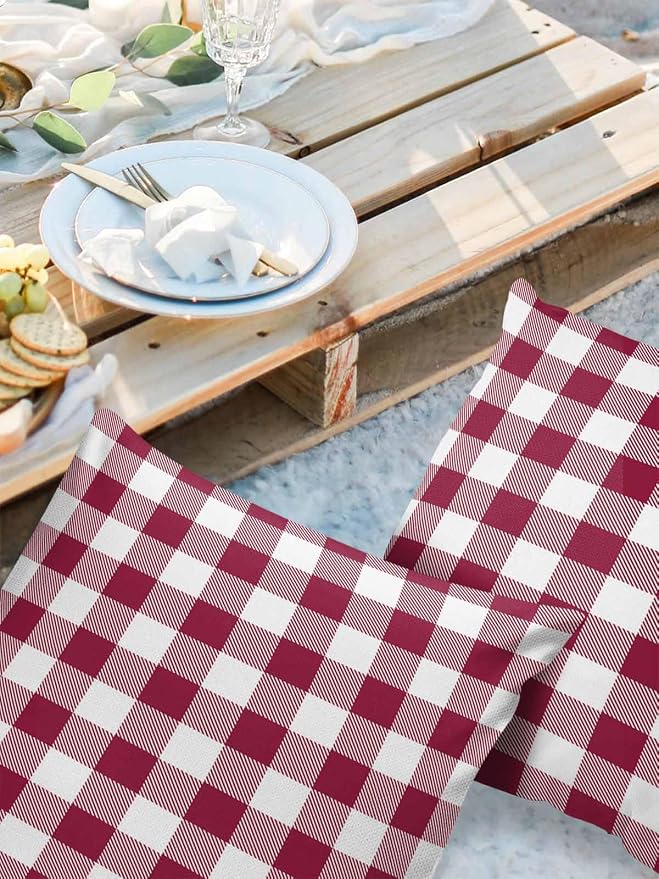 Outdoor Waterproof Throw Pillow Covers Set of 2 Wine Red Buffalo Check Plaid Pillowcases 18x18 Inches Farmhouse Style Patio Decorative Pillows Cushion Case Patio Pillows for Couch Bed Chair Garden