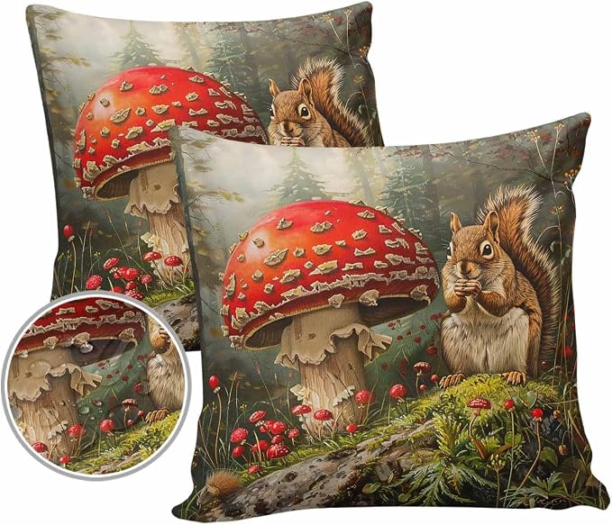 Outdoor Waterproof Throw Pillow Covers 24x24in, Fall Harvest Forests Mushrooms Cushions for Garden Patio Furniture Chairs Set of 2, Thanksgiving Squirrels Home Decor Couch Sofa Polyester Pillow Cases