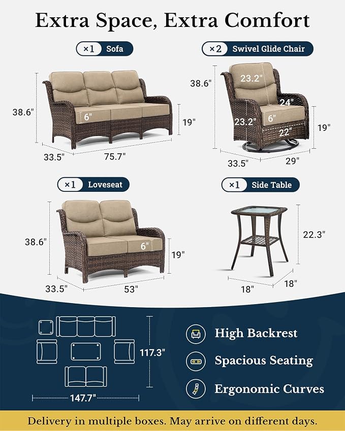 HILLGA Luxury Outdoor Patio Furniture Set with 6-Inch Thick Cushions, High Back Wicker Swivel Rocker Chairs, 6 Pcs All Weather Conversation Set for Large Deck, Yard and Poolside, Beige (V3)