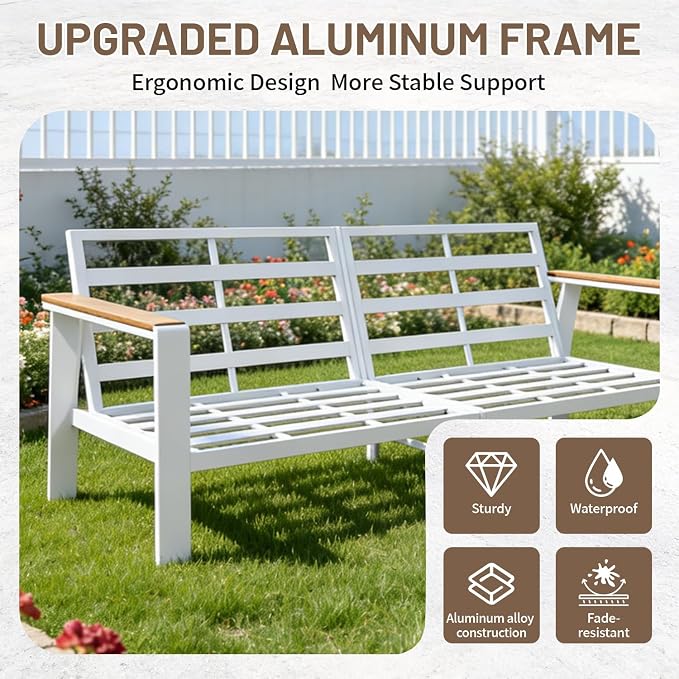 Aluminum Patio Furniture Set, Modern Metal Outdoor Conversation Sectional Sofa with Washable Thick Cushions, Coffee Table and Waterproof Cover (White, 1088-5seat)