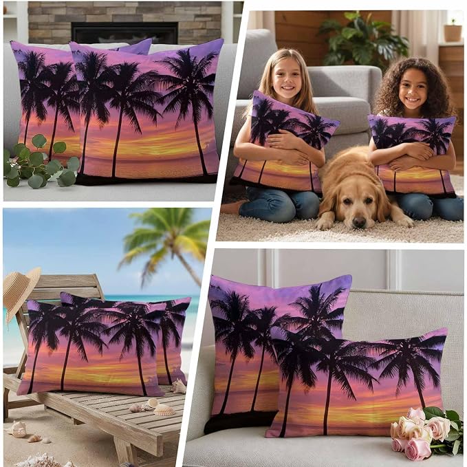 Ocean Sunset Waterproof Outdoor Pillow Covers Set of 2 Home Decor, Summer Seashore Palm Tree Gradient Sky Pillowcase Patio Pillow Covers for Couch Bench Furniture Garden 26x26in