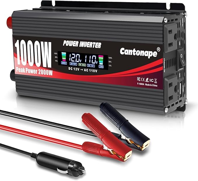 Cantonape 1000 Watt Power Inverter DC 12V to 110V/120V AC Car Inverter with LCD Display, 2 AC Outlets, 3.0A USB and 20W Type-C Car Charger for Vehicles Home Laptop Truck Black