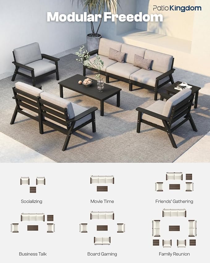 7 Piece Patio Conversation Sets, Outdoor Couch with Washable Thick Gray Cushions, HDPE Patio Furniture Set, Outdoor Sectional Furniture for Backyard, Deck, Lawn, Porch (Black Frame)