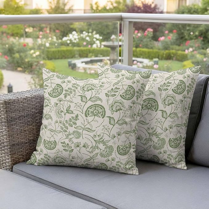 Outdoor Pillow Covers 18x18 Set of 2, Sage Green Spring Floral Waterproof Patio Throw Pillow Covers for Couch Sofa Chair, Retro Summer Botanical Farmhouse Decorative Pillowcases for Throw Pillows