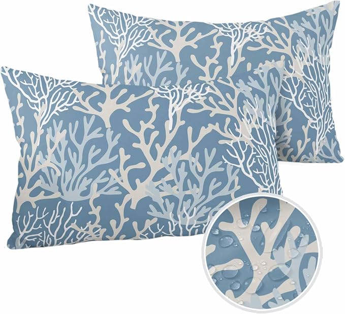 Outdoor Waterproof Throw Pillow Covers Set of 2 Teal Blue Coral Lumbar Pillowcases 20x12 Inches Nautical Coastal Marine Life Patio Decorative Pillows Cushion Case Patio Pillows for Couch Bed Garden