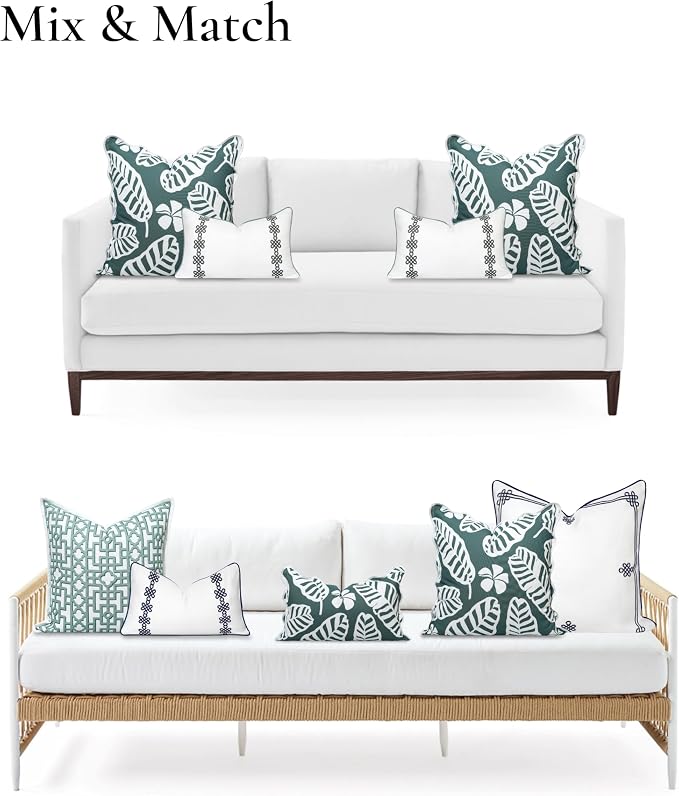 Hofdeco Premium Coastal Hampton Patio Indoor Outdoor Throw Pillow Cover Only, 20"x20" Water Repellent for Backyard, Couch, Poolside, Forest Green Print Palm Leaves and Hisbucs Flowers