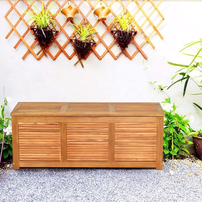 LDAILY Moccha Garden Backyard Storage Bench, Large Acacia Wood Deck Box, Outdoor Storage Container for Patio Furniture Cushions and Gardening Tools