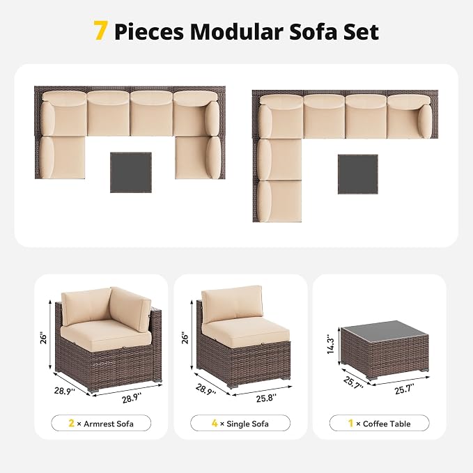 Aoxun Patio Furniture Set with Umbrella, 8 Piece Outdoor Sectional Sofas, Wicker Outdoor Furniture with Thickened Cushion for Backyard, Garden (Brown Rattan Beige Cushions)