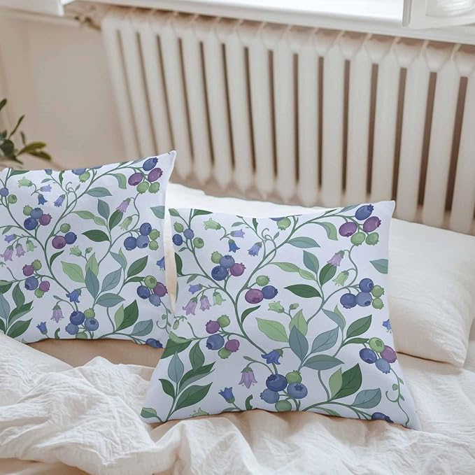 Blueberry Leaves Outdoor Pillow Covers 20"x20" Set of 2, Watercolor Blue Purple Fruit Floral Leaf Blue Waterproof Throw Pillow Covers for Patio Furniture, Decorative Cushion Covers for Porch