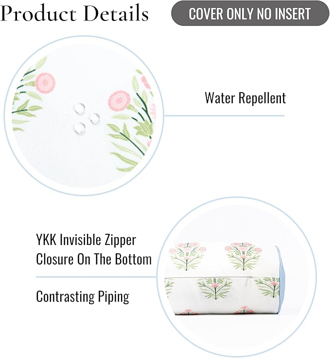 Hofdeco Premium Coastal Grandmillennial Patio Indoor Outdoor Bolster Pillow Cover Only, 6"x20" Water Repellent for Backyard, Couch, Poolside, Pink Green Print Flower