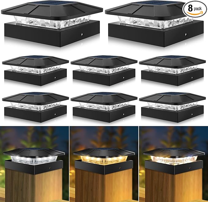4x4in Solar Post Cap Lights Outdoor with 3 Modes, 8 Packs Fence Light Solar Powered Waterproof for Wood/Vinyl Posts for Deck Yard Garden Patio Outside