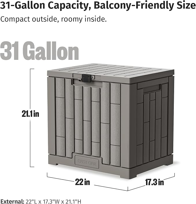 EAST OAK Outdoor Storage Box, 31 Gallon Deck Box Indoor and Outdoor Use, Waterproof Resin Storage Bin for Package Delivery, Patio Cushions, Gardening Tools, Lockable, UV Resistant, Grey