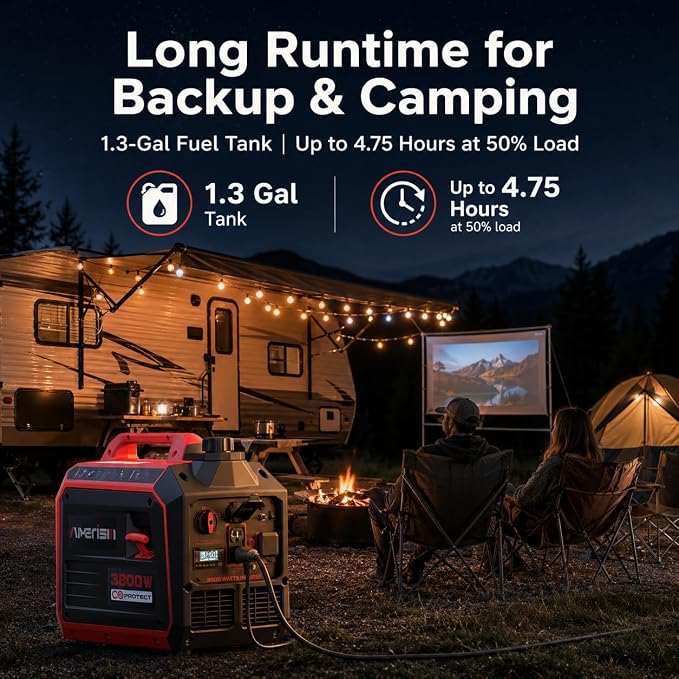 AMERISUN Portable Inverter Generator, 3800W Gas Powered Generator, Super Quiet for Home Use, ECO Mode, CO Sensor, Parallel Capable Long Run Time for Camping Tailgating, EPA Compliant
