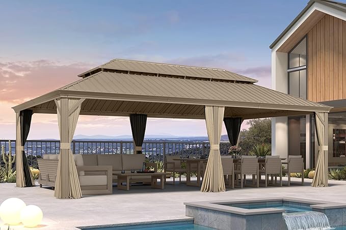 PURPLE LEAF Outdoor Gazebo 14'X24'，Champagne Hardtop Gazebo with Galvanized Steel Double Roof, Permanent Patio Gazebo with Curtains and Netting for Patio Lawn Garden and Deck