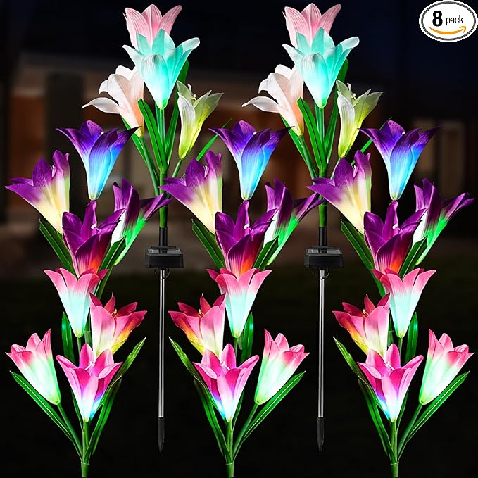 8 Pack Solar Garden Lights Outdoor, 7 Color Changing LED Waterproof Solar Powered Lily Flowers Landscape Lights for Outside Yard, Patio, Pathway Decorative, Décor