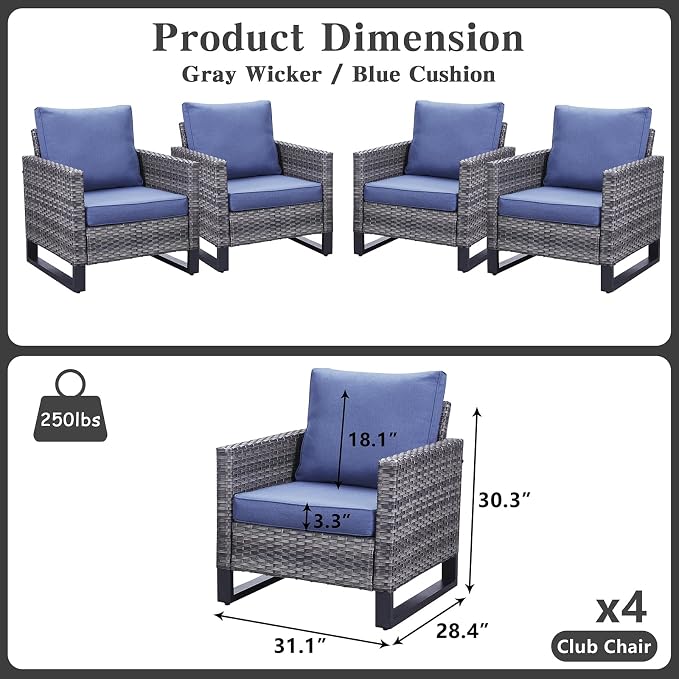Belord Outdoor Wicker Chair Patio Chairs Set of 4, All Weather Rattan Club Chairs 4 Piece Furniture Set with Leveling Feet Water-Resistant Cushion Anti-Rust Frame