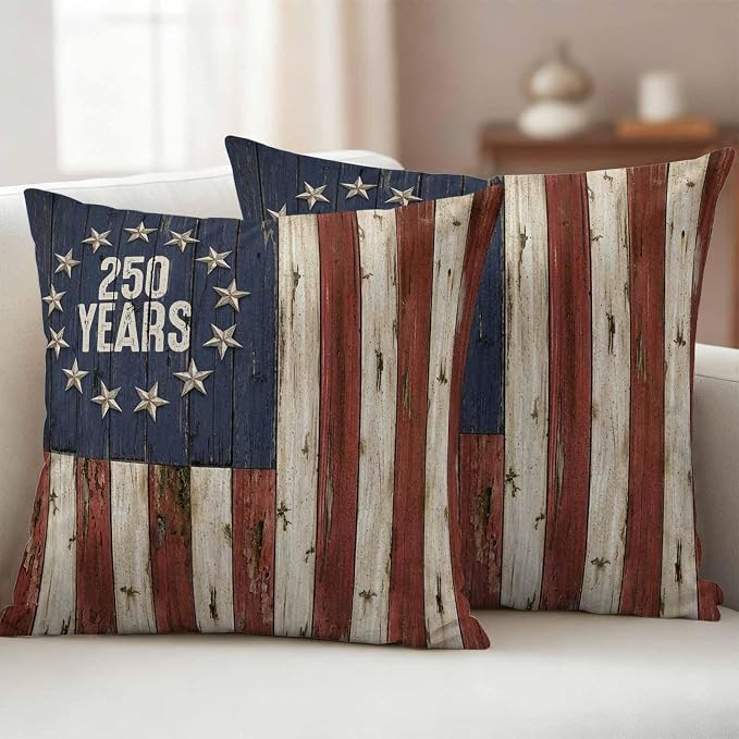 250 Year Anniversary USA Outdoor Waterproof Throw Pillow Covers 16"x16" Set of 2, 4th of July Vintage Wood Decorative Garden Pillowcase with Zipper Cushion Case for Patio Couch Tent