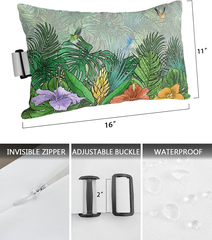 Outdoor Pillows Covers with Inserts Summer Flower Hummingbird Palm Plants Green Waterproof Recliner Pillow with Adjustable Strap Throw Pillows for Patio Furniture Pool Lounge Chair, 11x16 inch, 2PCS