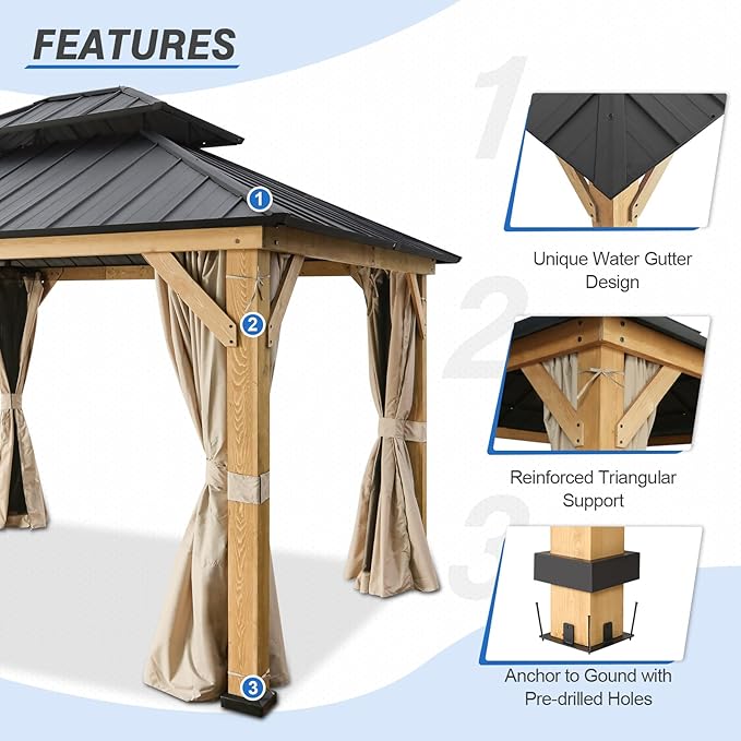 EAGLE PEAK 11x13 Hardtop Gazebo, Galvanized Steel Double Roof Gazebo with Cedar Wood Frame, Outdoor Pavilion with Netting and Curtains for Patio, Deck. Lawn and Garden, Natural Wood/Black