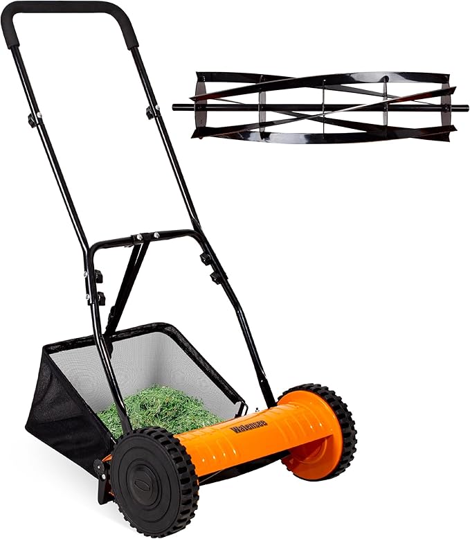 Walensee 16-Inch 5-Blade Push Reel Lawn Mower, Cordless Manual Reel Lawn Mower Walk-Behind Steel Lawn Mowers with Removable 7.9-Gallon Grass Catcher, Sponge Grip, 4-Position Cutting Height Adjustment