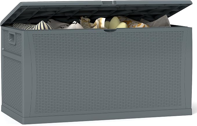 ZYJOYY 100 Gallon Resin Deck Box Waterproof Outdoor Storage Box and Patio Furniture Side Table for Pool Accessories, Gardening Tools, Outdoor Indoor Cushions, Lockable, UV Resistant