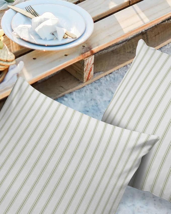 Outdoor Waterproof Throw Pillow Covers 24x24in, Modern Art Striped Cushions for Garden Patio Furniture Chairs Set of 2, Sage Green Home Decor Couch Sofa Polyester Pillow Cases