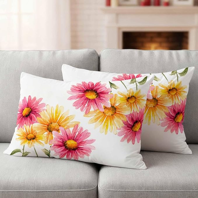 Yellow Pink Daisy Outdoor Pillow Covers 20"x12" Set of 2, Rustic Farmhouse Boho Wildflowers Waterproof Throw Pillow Covers for Patio Furniture, Decorative Cushion Covers for Porch