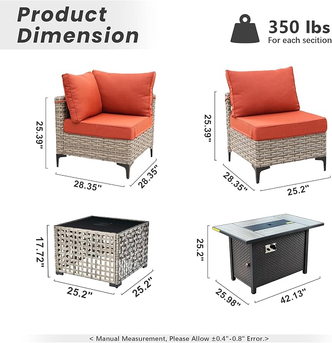 Outdoor Patio Furniture Sets,6 PCS Patio Conversation Set Outside Rattan Sectional Sofa with 42 in Fire Pit Table&Coffee Table Fit Backyard Porch Garden Poolside Balcony