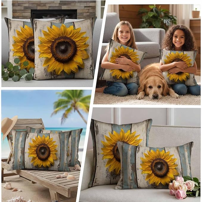 Vintage Sunflower Waterproof Outdoor Pillow Covers Set of 2 Home Decor, Farmhouse Wooden Botanical Floral Pillowcase Patio Pillow Covers for Couch Bench Furniture Garden 24x24in