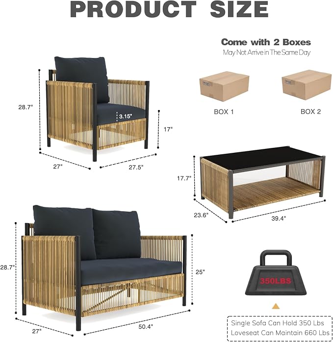 2 Pieces Aluminum Outdoor Patio Furniture Set - Loveseat & Dual-Layer Coffee Table - Rope Sectional Conversation Sofa Sets with Washable Thick Cushion for Garden, Backyard, Porch