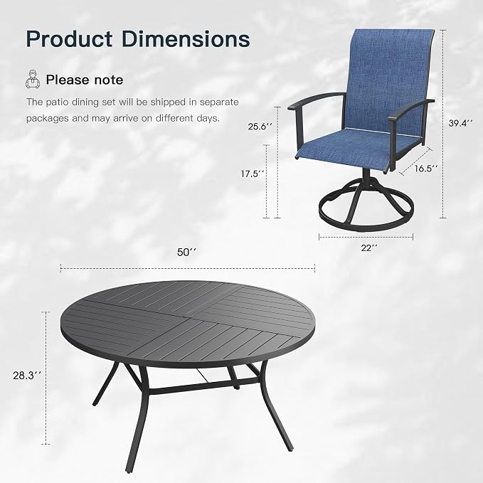 VICLLAX 7 Pieces Patio Outdoor Dining Set, 6 Swivel Textilene Chairs and 50" Round Metal Table with Umbrella Hole for Porch, Deck, Garden, Black/Dark Blue