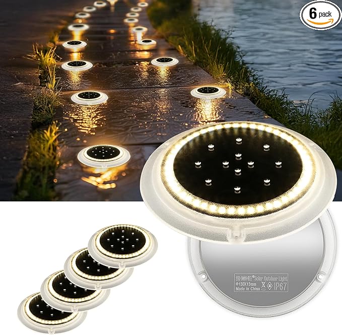 Solar Ground Lights, 48 LEDs Deck Disc, Warm White, 6Pk | Outdoor Waterproof, Flat Round Low Profile, Ultra Bright, IP67 Waterproof, Car Weight Bearing, Driveway, Dock, Path, Walkway