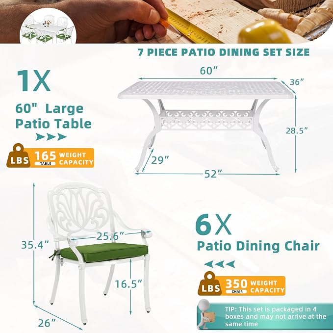 MEETWARM 7-Piece Outdoor Patio Dining Set, 6 Outdoor Dining Cushioned Chairs and 1 Rectangle Table with 2" Umbrella Hole, All Weather Cast Aluminum Patio Funiture Set for Backyard, Patio(White)