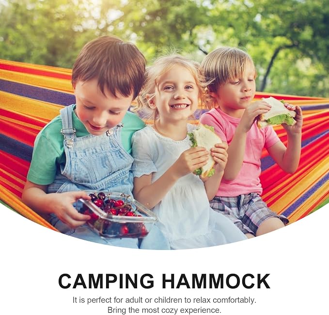 Double Camping Hammock with Duckbill Buckle, Two-Person Wide Striped Canvas Outdoor Backyard Garden Beach Hanging Hammock Anti-tip Design