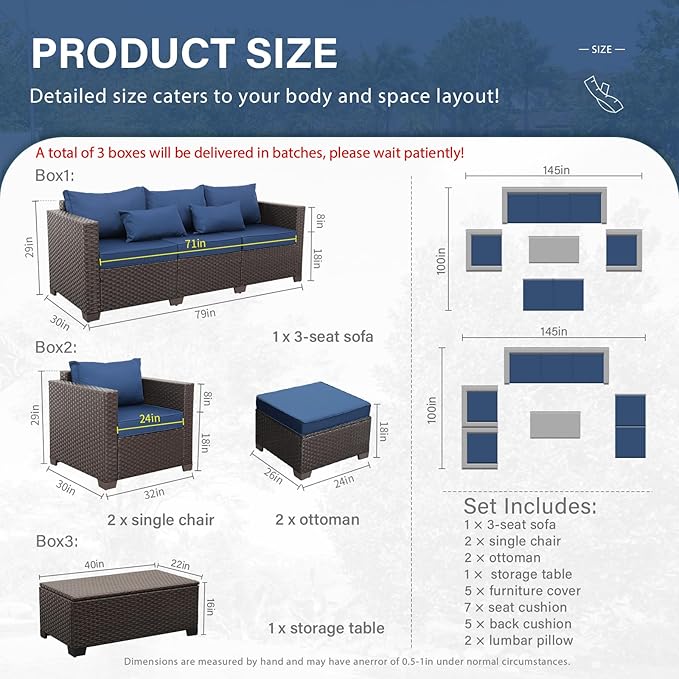 Rattan Star 6 Pieces Patio Outdoor Furniture Conversation Sets Patio Wicker Sofa Set with Outdoor Couch Patio Chairs and Storage Table Non-Slip Cushions Waterproof Covers, Navy Blue