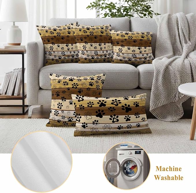 Outdoor Pillow Covers,Dog Paw Print Decorative Throw Pillow Cover Waterproof Pillowcase Set of 2,Linen Cushion Case for Sofa Couch Bed 26x26 Inch,Farm Vintage Brown Wood Board
