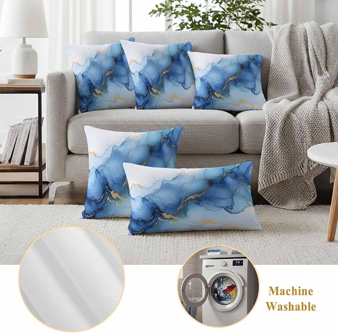 Abstract Marble Texture Outdoor Waterproof Throw Pillow Covers Set of 2, 16"x16", Gold Blue Gradient Modern Art Decoration Decorative Pillow Covers Outside Cushion Case for Patio Porch Garden