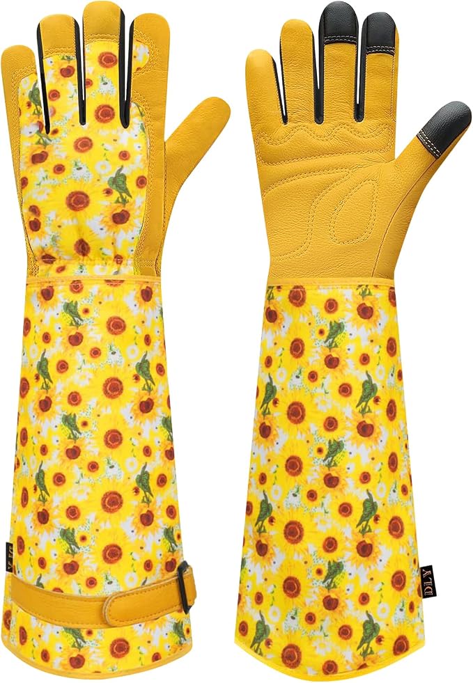 DLY Garden Gloves for Women,Gardening Gloves,Garden Gift for Lady,Yellow,S | Thornproof Cowhide Palm, Foam-Padded Grip, Long Yellow Sunflower Print Cuff, 3-Finger Touchscreen, Pruning,Weeding Yard Work