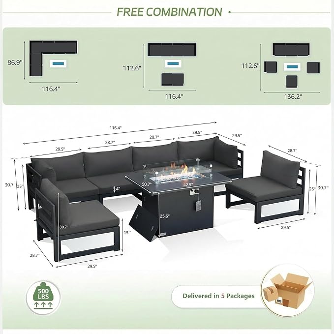 RADIATA 7 Piece L-Shaped Contemporary Aluminum Outdoor Furniture Set with Firepit, 29" Deep Wide Large Couch Set, 500 lbs High Weight Capacity Modular Patio Sectional Sofa for Garden Lawn, Dark Grey
