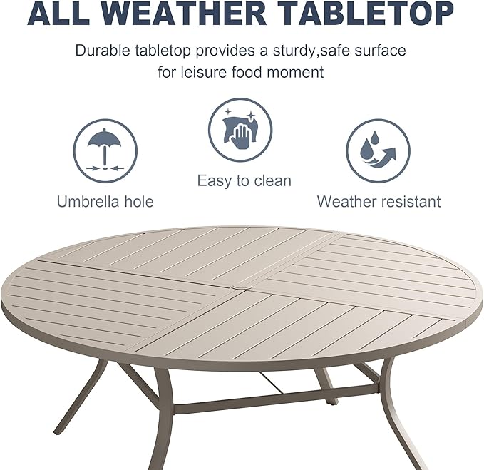 VICLLAX 11 Pieces Patio Outdoor Dining Set, 60" Large Round Metal Table with Umbrella Hole and 10 Stackable Textilene Chairs for Patio, Lawn, Garden, Porch, Sandshell