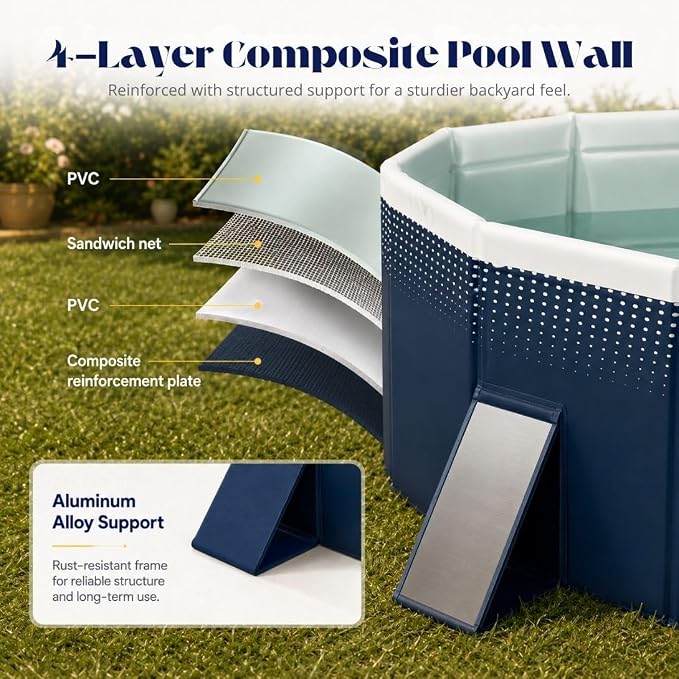 Large Foldable Pool, Non Inflatable Pool with 4-Layer Composite PVC, Sturdy Triangular Support Boards, Double Drains, Foldable Outdoor Pool for Backyard Kids & Adults, 5 Sizes