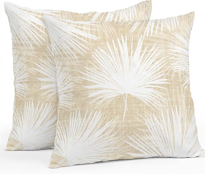 Throw Pillow Covers 18x18 Inch Set of 2, Cream Palm Leaves Coastal Waterproof Outdoor Pillow Covers, Summer Tropical Botanical Boho Decorative Cushion Pillowcases for Couch, Sofa, Bed, Garden, Patio