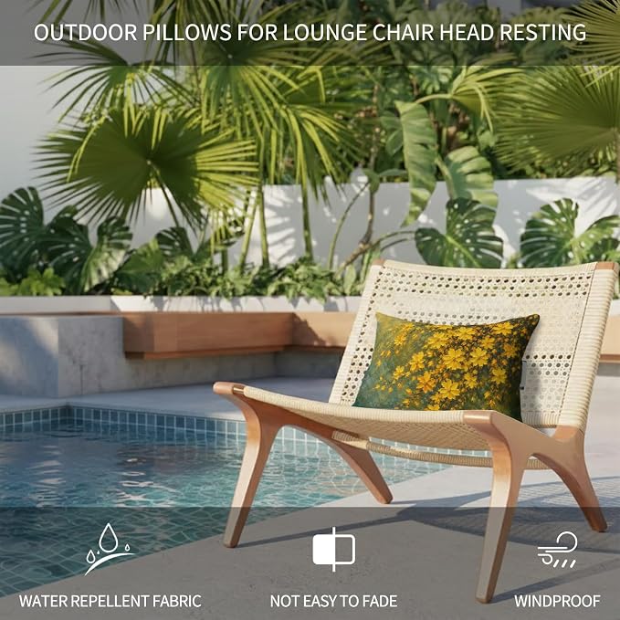 Country Wildflower Yellow Green Outdoor Pillow for Chaise Lounge Chair,Pastoral Flower Oil Painting Waterproof Headrest Lumbar Pillows with Insert&Elastic Strap for Patio Pool Garden Chairs,1 Pack