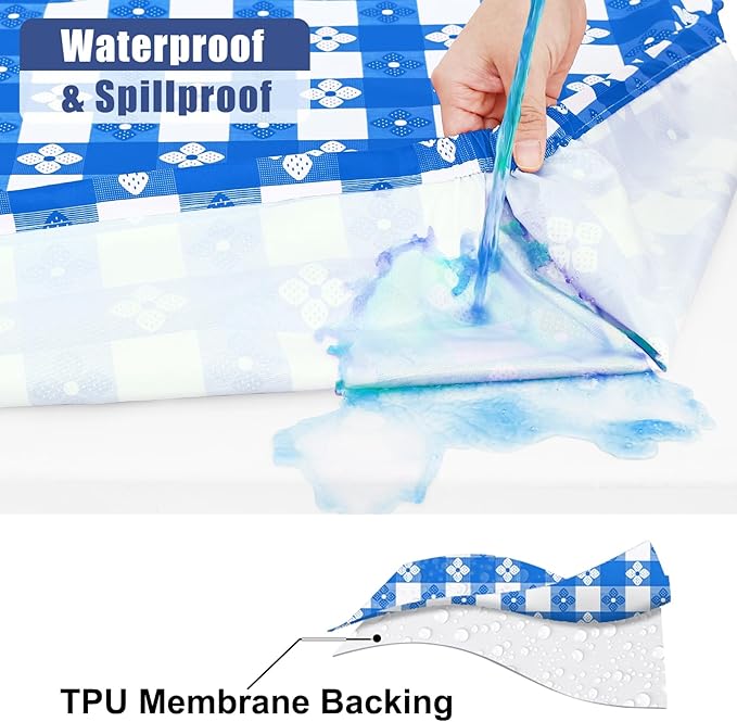 Smiry Picnic Table Cover with Bench Covers, Waterproof Elastic Fitted Tablecloth for 5 Foot Tables, Washable Polyester Tablecloths for Camping, Indoor & Outdoor (Blue & White, 30x60 Inch 3-pc Set)