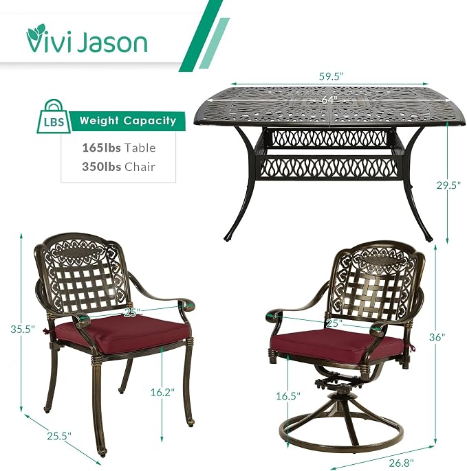 VIVIJASON 9-Piece Outdoor Dining Set, Cast Aluminum Patio Table & Chair Furniture Set for 8, Include Large 64" Square Dining Table, 2 Swivel Rocker Chairs, 6 Stationary Chairs, Umbrella Hole, Red