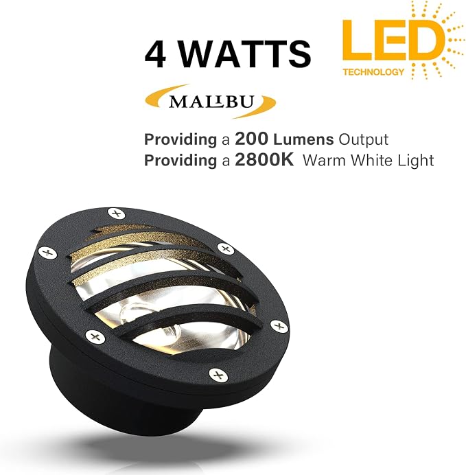 Malibu Low Voltage Well Lights 4W LED Outdoor Landscape Deck Lights 12V Well Light 200Lumen in-Ground Light 2800K Warm White with Connector & Stake for Step Tree Patio Yard Garden 1Pack 8401-3500-01